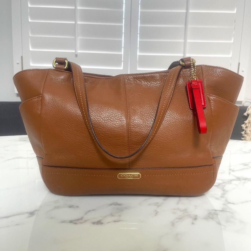 Coach Park Leather Carrie tote (“carryall” style in soft, tan leather)